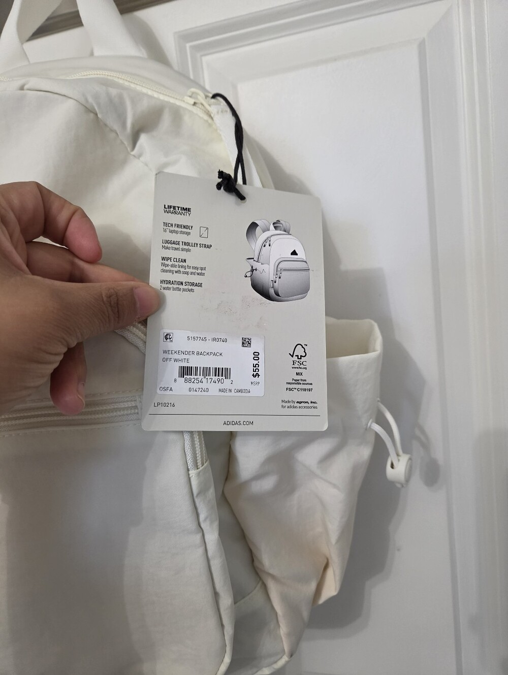 Adidas Weekender Backpack Travel Durable Bag Off White Laptop School Gym Bag - Picture 5 of 10